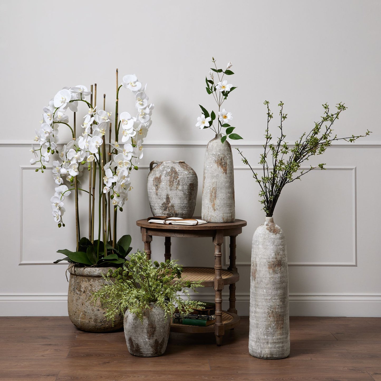 White Orchid In Antique Stone Pot - Large - Pure Luxe Living 