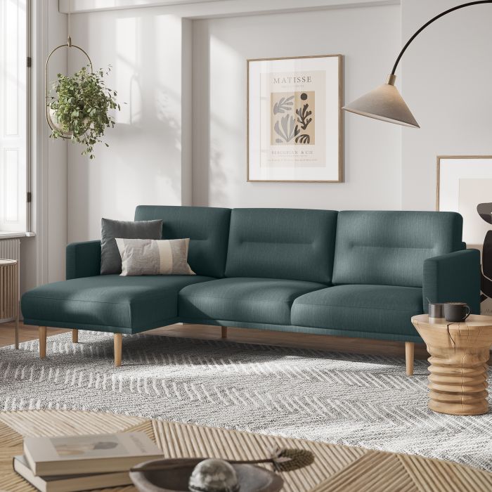 Larvik Chaise longue Sofa Left Hand in Dark Green with Oak Legs - Pure Luxe Living 