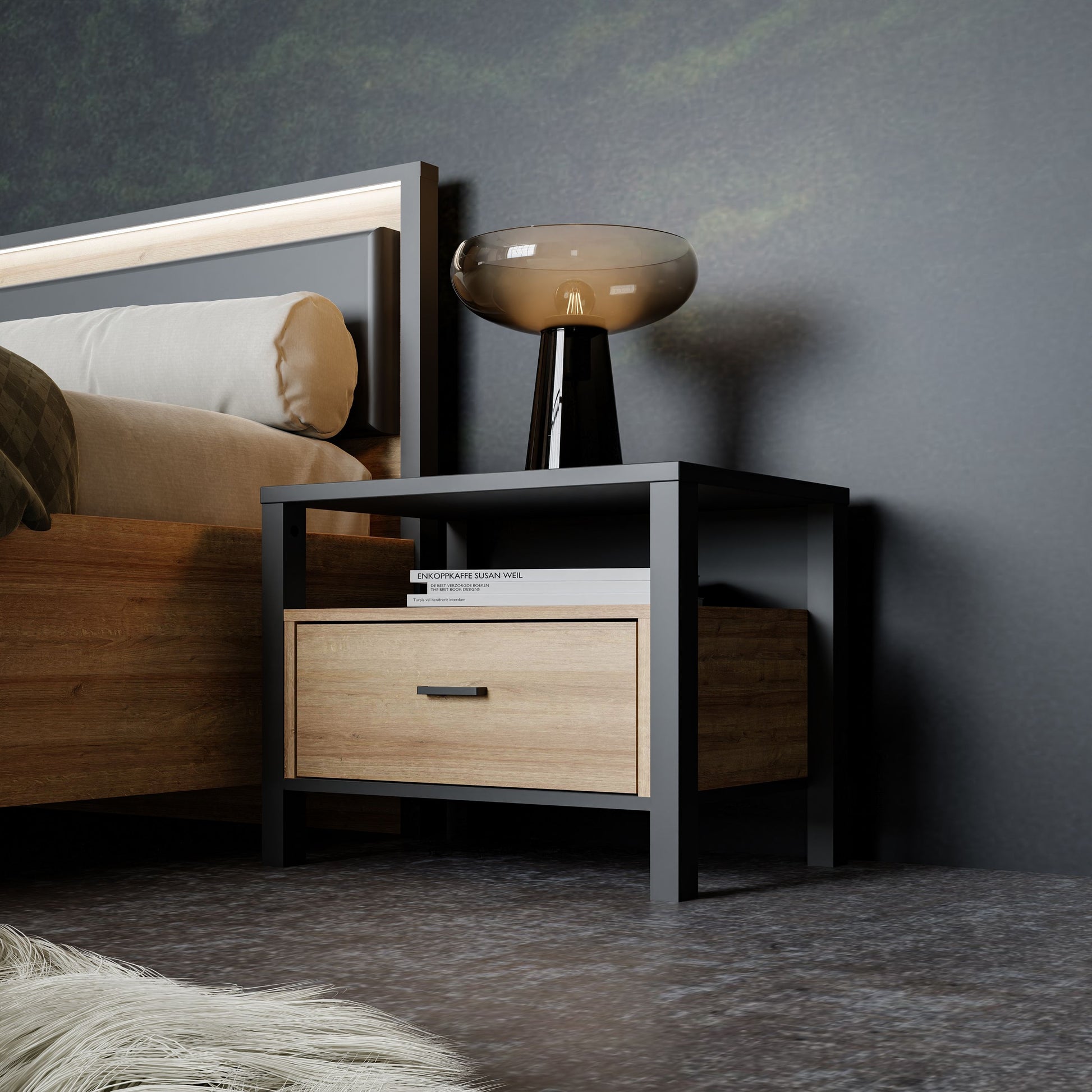 High Rock Bedside Riviera Oak and Matt Black - Pure Luxe Living 