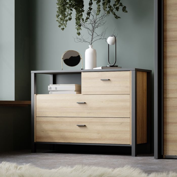 High Rock Chest of Drawers in Riviera Oak and Matt Black - Pure Luxe Living 