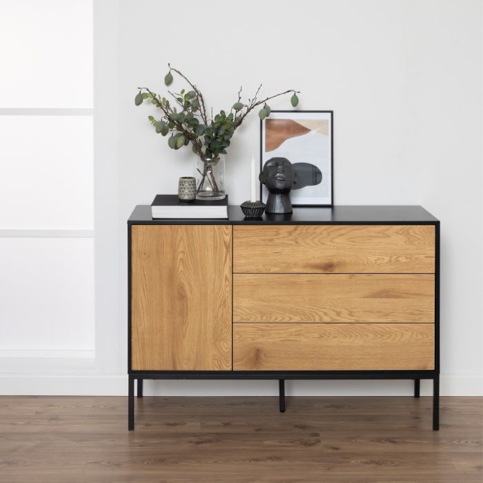 Seaford 3 Drawer Sideboard, Oak & Black - Pure Luxe Living 